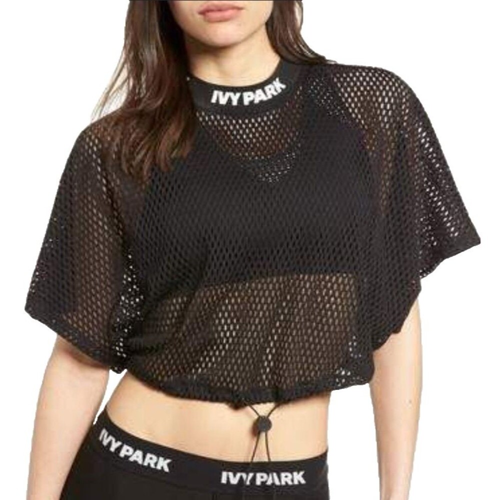 Ivy Park Women's Mesh Crop Top Size XS Black Short Sleeve Drawcord Hem Logo
